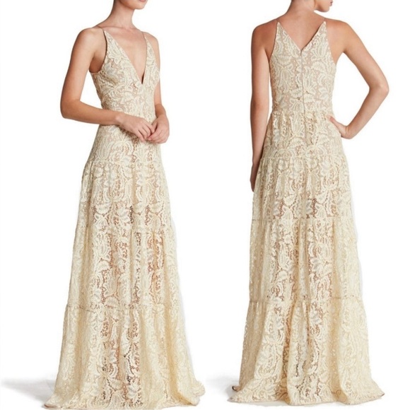 Dress the Population Dresses & Skirts - Dress the Population Melina Lace Gold & Ivory Maxi Dress